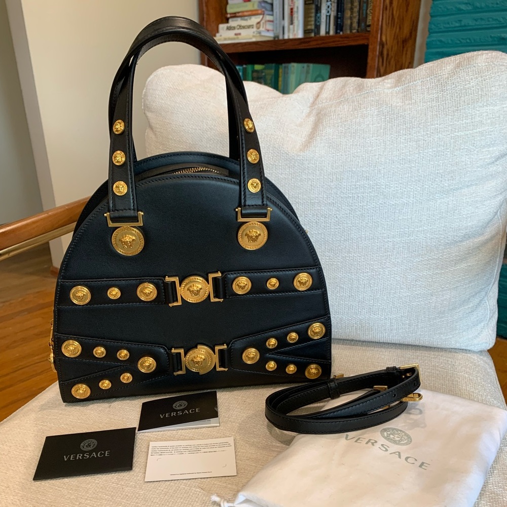 Large Versace Black Leather and Gold Handbag